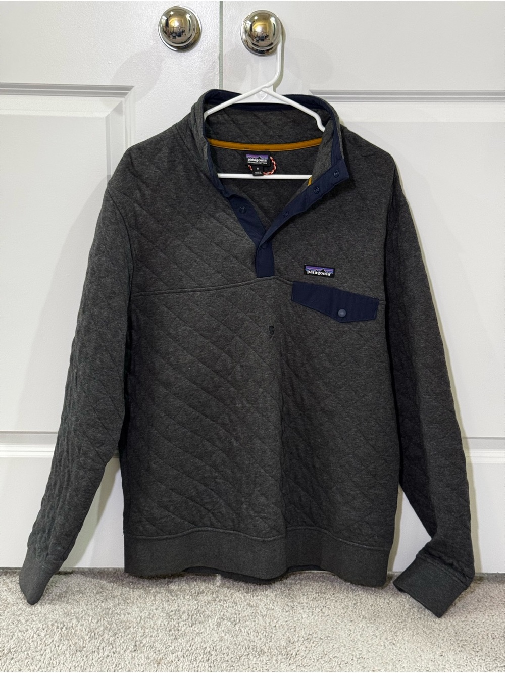 Patagonia Heather Gray Pullover with Navy Trim and Mustard Detail